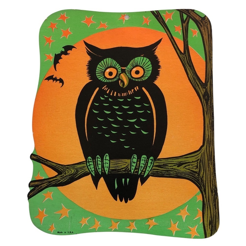 VINTAGE 70s Beistle Halloween Fluorescent Owl with Moon Die Cut Wall Decor Bats